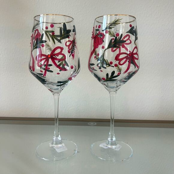 Hand Painted & Jeweled Wine Glass Set of 2  Coquette Christmas Red Bows & Holly - Picture 4 of 10